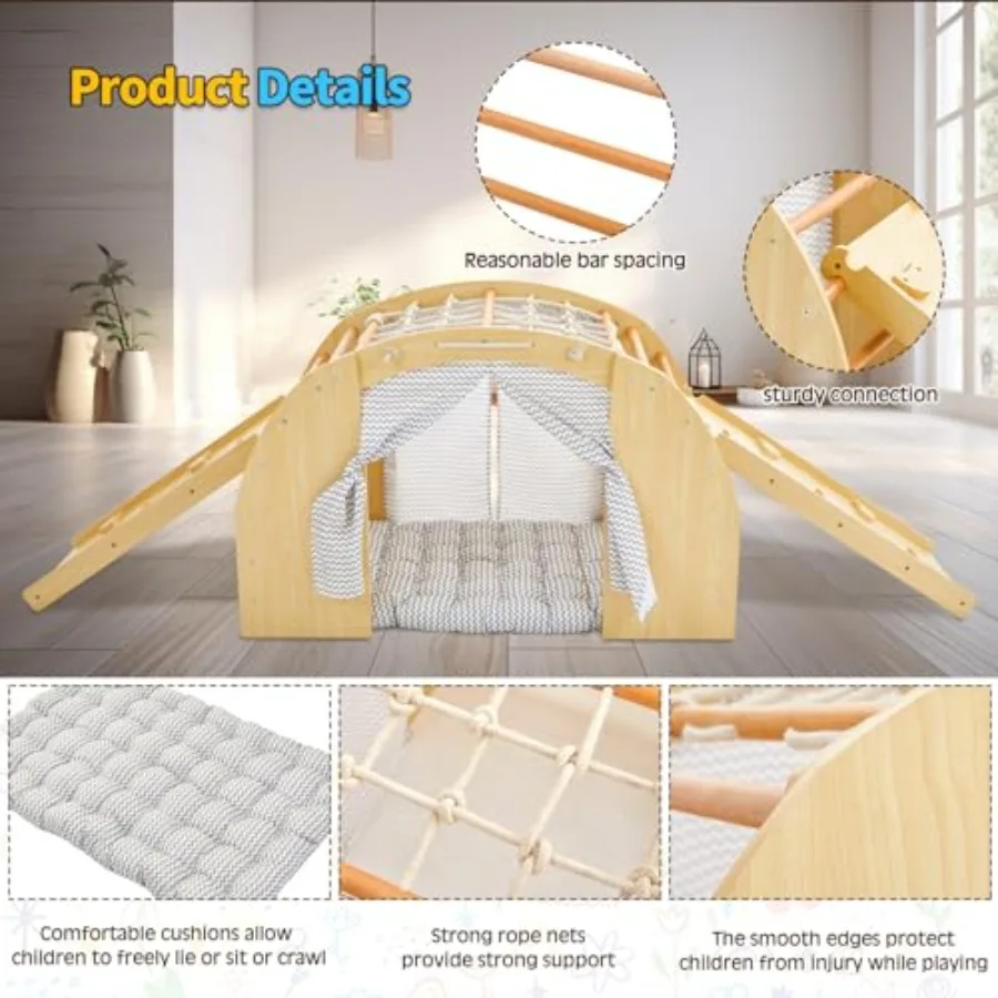 Giocattoli da arrampicata per bambini 1 scalatore ad arco con 2 rampe per scorrere o arrampicata, casa da palestra per giochi in legno per interni con cuscino per tenda e fare