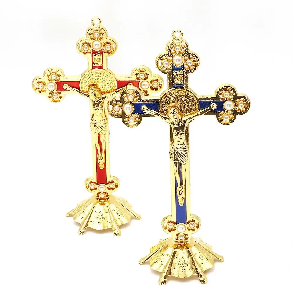 Metal jesus cristo cross Church inlaid pearl Gold crucifixo kreuz escapulario catolico Red Blue catholic cross Christian Gift