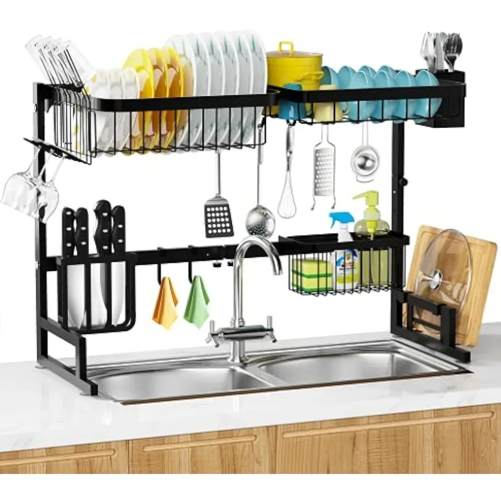 

Сушилка для посуды над раковиной, двухъярусная регулируемая длина (25,6-33,5 дюйма), сушилка для посуды из нержавеющей стали с разделочной доской