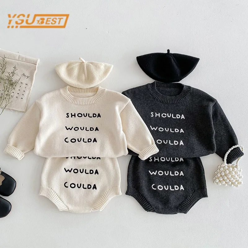 

Infant Baby Girls Boys Long Sleeves Letter Embroidery Knit Sweaters + Shorts Clothing Set Kids Baby Girl Boy Children's Suit