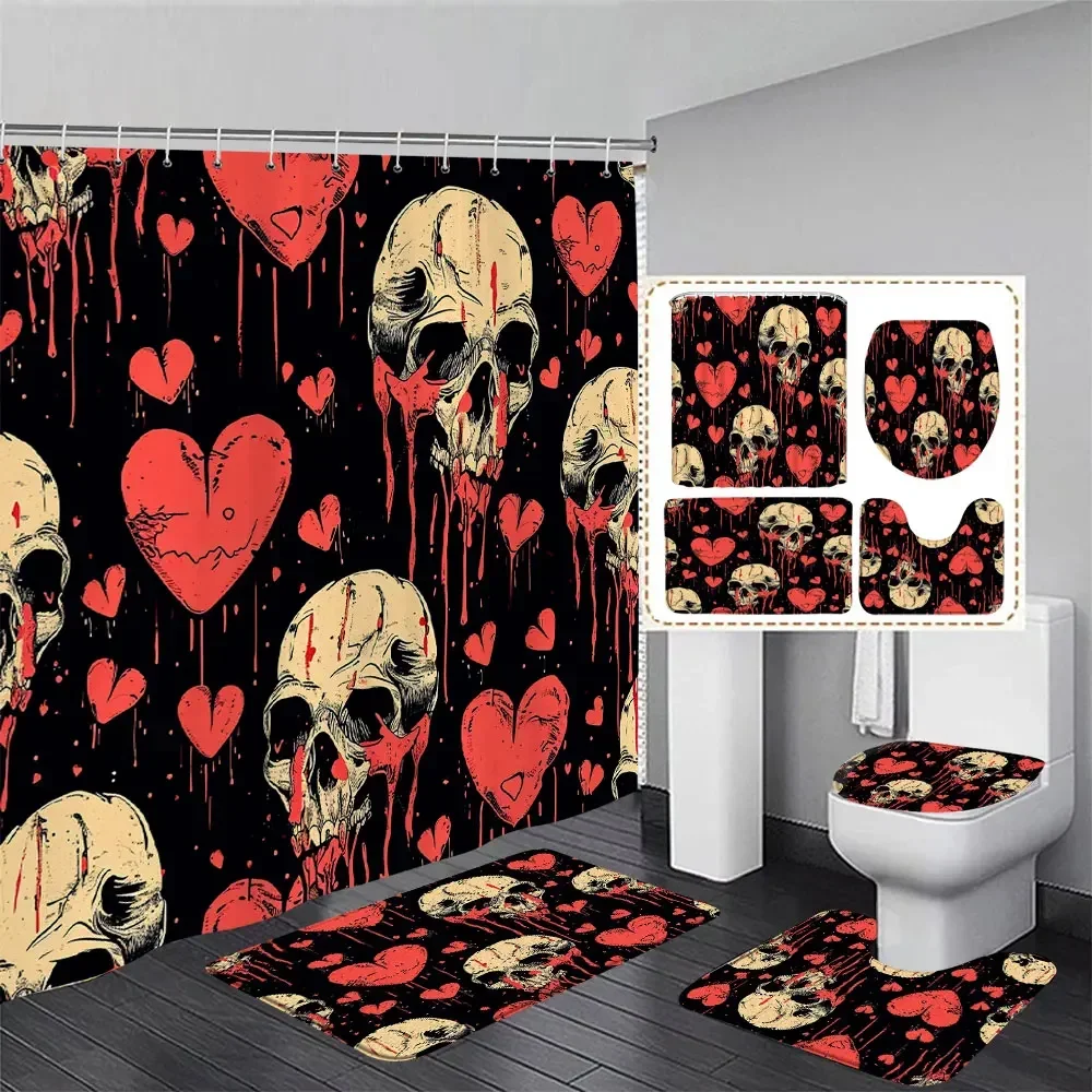 Halloween Skeleton Shower Curtain Red Heart Vintage Floral Gothic Skeleton Day of the Dead Horror Shower Curtains Rug Bath Decor