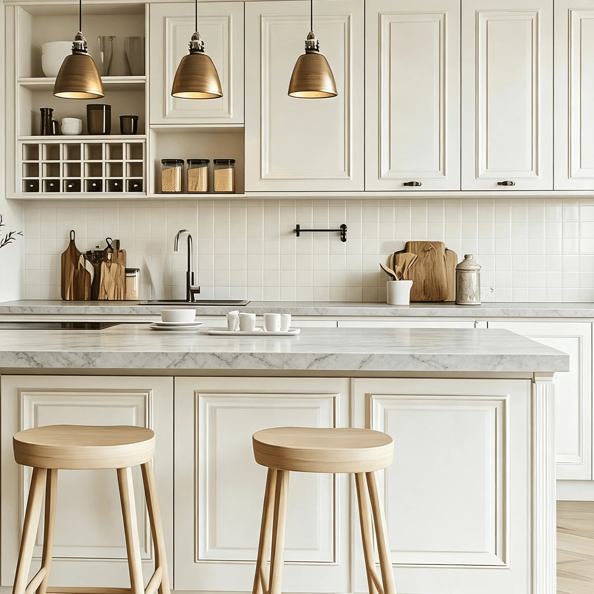 Factory Direct Custom Kitchen Cabinets Cream Recessed Panel with Marble Island Undermount Sink and Built In Wine Rack