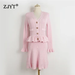 ZJYT Designer Fashion Autumn Knitting Sweater Dresses for Women 2024 V Neck Crystal Buttons Ruffles Patchwork Pink Party Dress