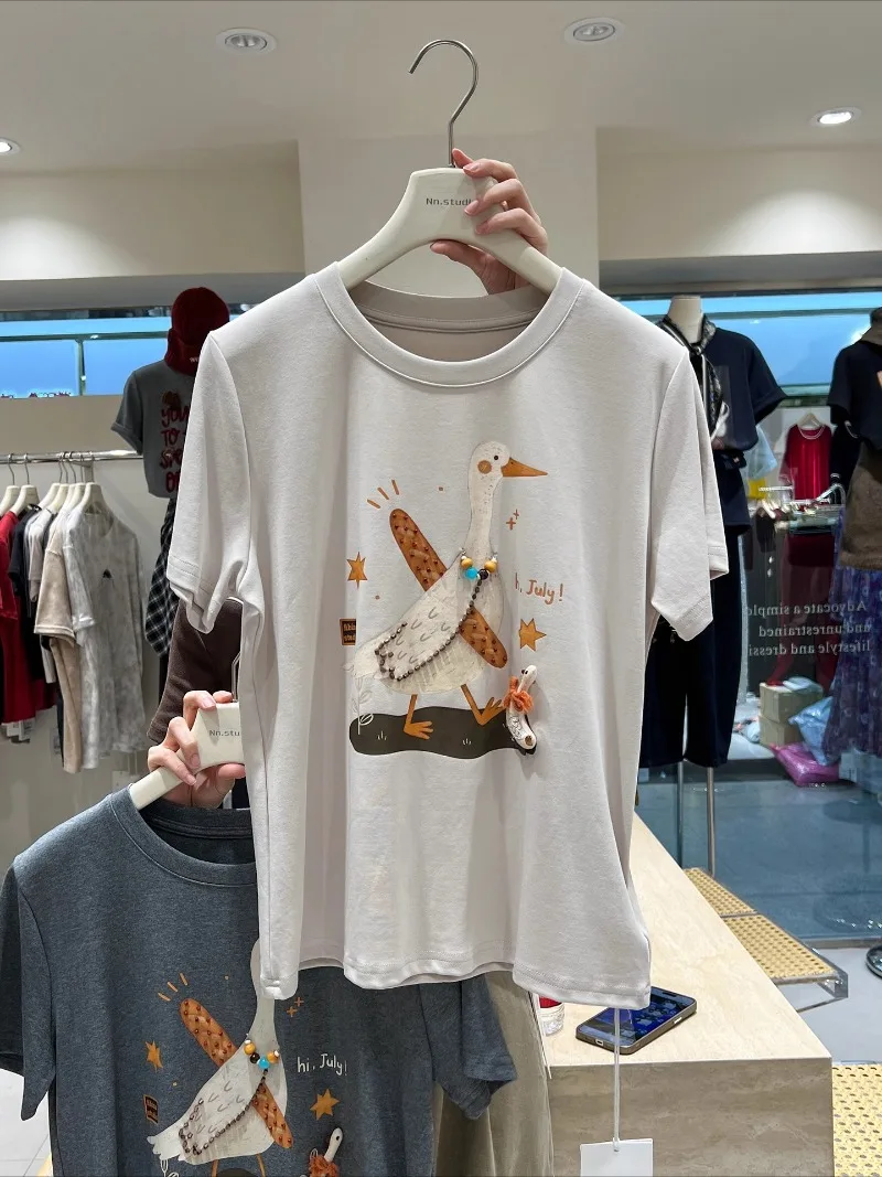 Fun Cute Cartoon Print Beaded Sweet Short Sleeved T-shirt Women's 2025 Autumn Comfortable Versatile Youthful Top Pullover Tees