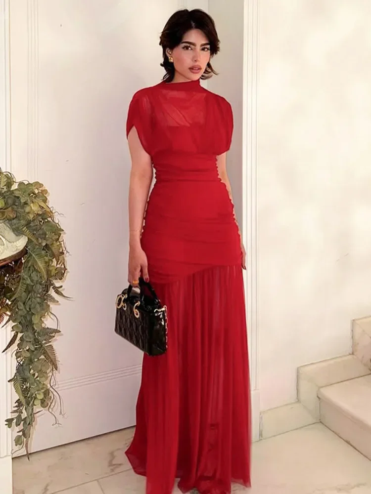 

Fmxires Mesh Short Sleeve Sexy Maxi Dress For Women Elegant High Waist Fashion Patchwork Summer Sexy Slim Club Party Long Dress