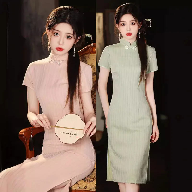 

Tang Attachment 2024 Summer New Republic of China Style Temperament Elegant Short Sleeve Striped Improved Cheongsam Dress Elegan