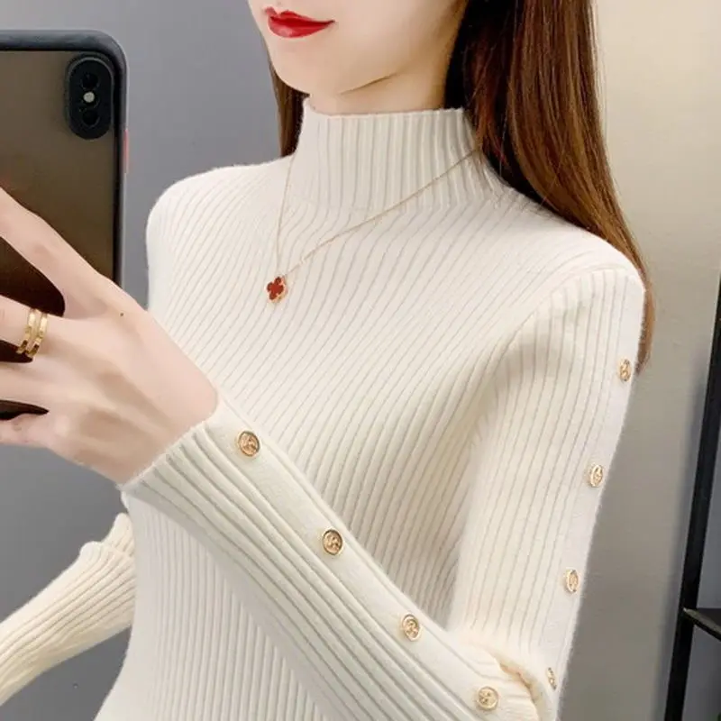 Autumn and Winter Women\'s Solid Half High Collar Long Sleeve Slim Sweaters Jumpers Button Screw Thread Fashion Casual Tops