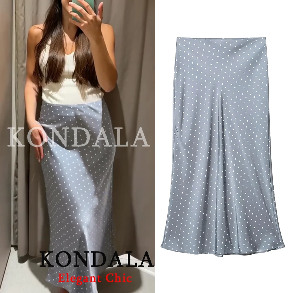KONDALA Damen Trendiger Satin Polka Dot Midirock Langer Rock Neue Mode 2026 Frühling Sommer Urlaub Date Party Eleganter Damenrock