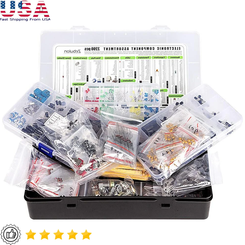

2200 шт. Комплект электронных компонентов Резисторы Конденсаторы Транзисторы Индукторы Диоды Потенциометры Светодиоды Ассортимент печатных плат