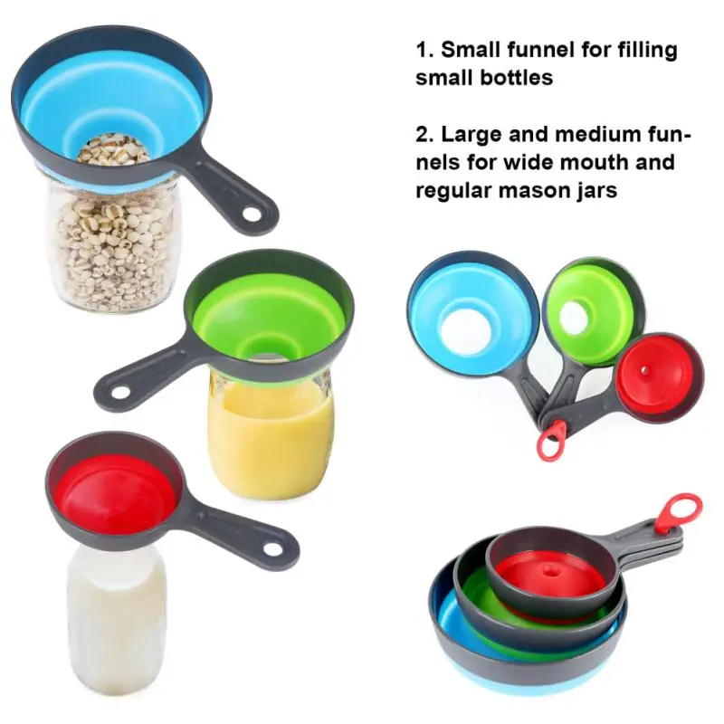 Liquid Wide Mouth Jam Funnel Kitchen Utensils 3Pcs/Set With 3 Size Kitchen Funnel Silicone Folding Telescopic Funne Powder