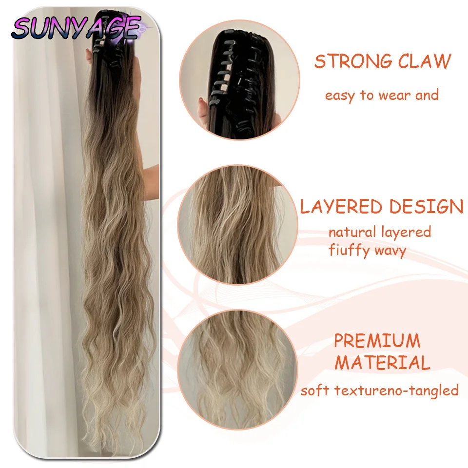 SUNYAGE 32 inch claw shaped ponytail with corn whiskers and water waves for soft and natural hair