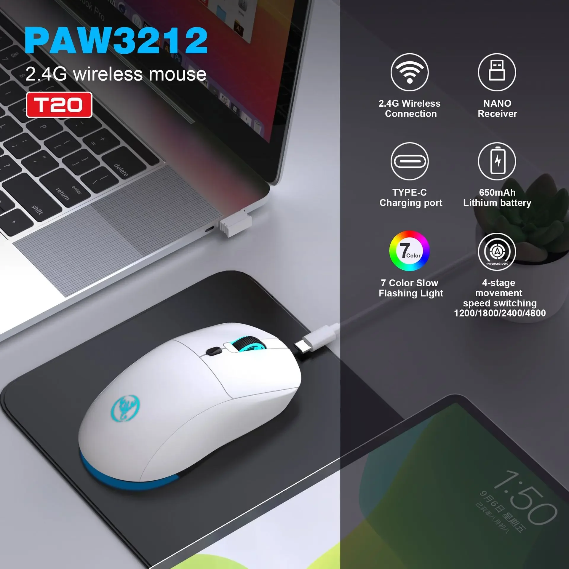 HXSJ T20 Wireless 2.4G Mouse with Built-in 650mAh Battery, 3600 DPI Illuminated Gaming Mouse for Computer eSports