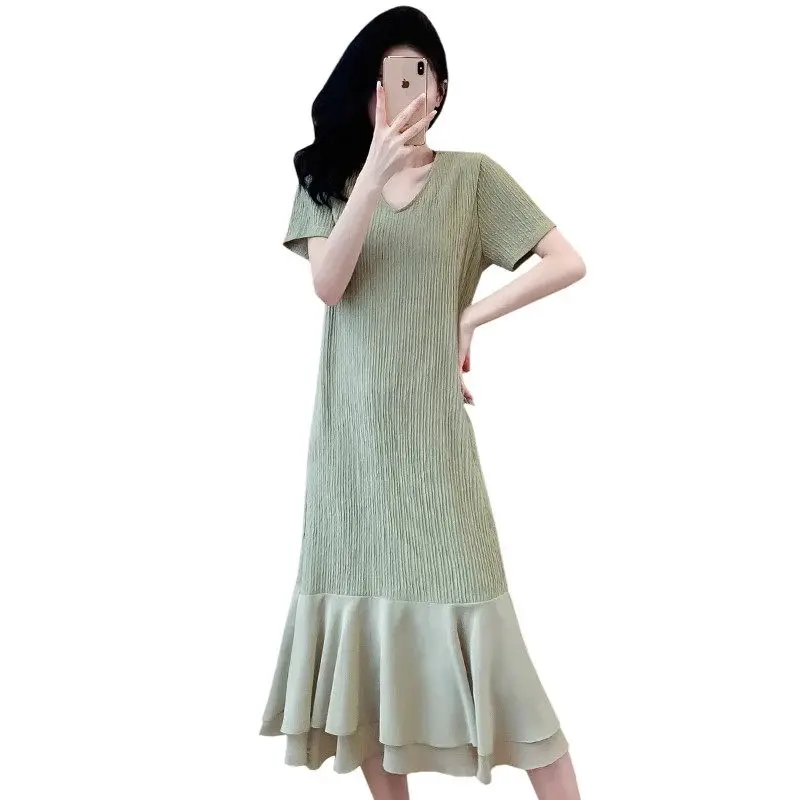 レディース オーバーサイズ 韓国風 2025 夏新作 コントラストカラー ルーズ ロング フィッシュテール ワンピース エレガント カジュアル Tシャツワンピース G964