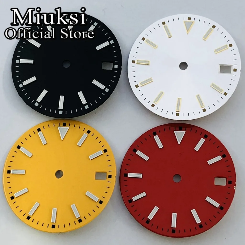 Miuksi 28.5mm sterile dial black blue green red silver yellow watch dial luminous dial fit NH35 movement