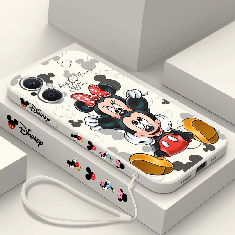 Pretty Minnie Mickey Mouse For OPPO Find X5 X3 X2 Lite Pro Neo A5 A53 A94 4G 5G Liquid Left Rope Soft Phone Case Cover