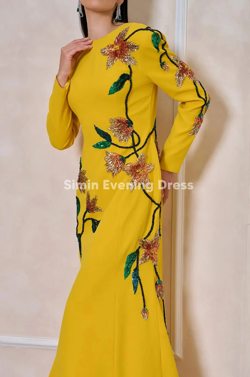 Simin – robe de soirée de forme sirène, drapée, col rond, perles, manches longues, longueur au sol, robes formelles élégantes, personnalisées, 2025