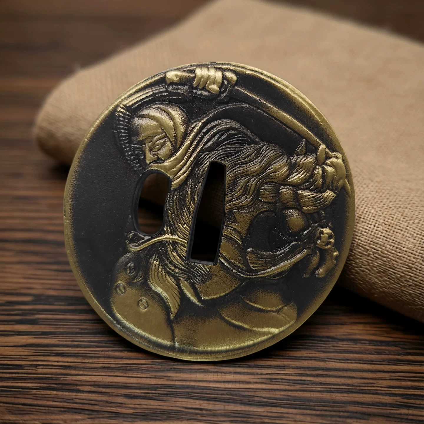 Vintage Antiqued Brass Tsuba For Japanese Samurai Katana Sword Ornate 3D Carved Dragon Crane Shrimp Koshirae Sword Guard