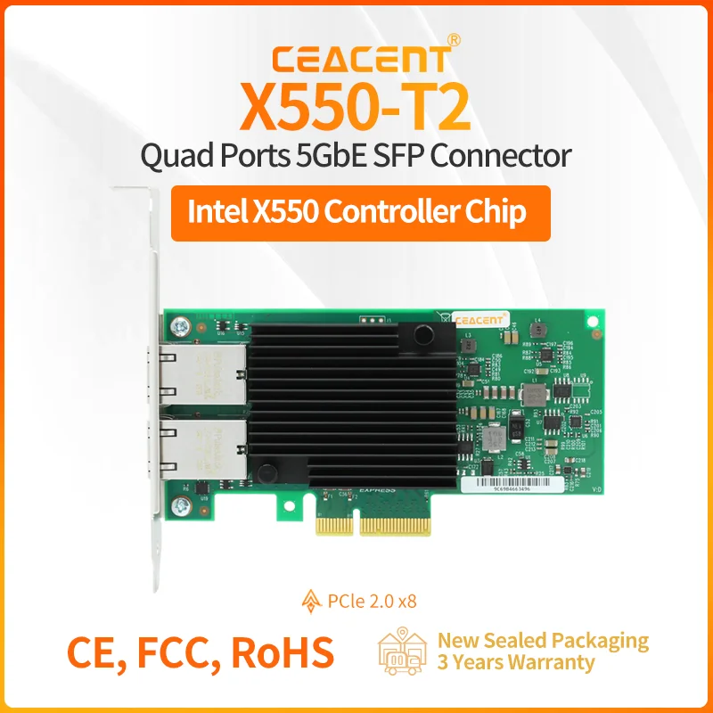 

X550-T2 Intel X550 Chip PCIe 3.0 x4 10G Server Network Card 2-Port RJ45 Connector Support 10GbE, 5GbE, 2.5GbE, 1GbE