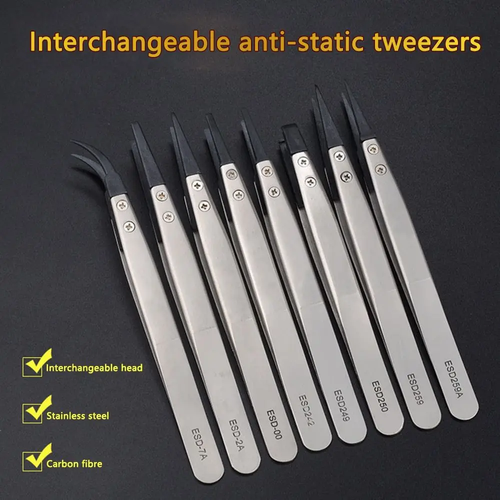 ESD Tweezers With Replaceable Tips Full Stainless Steel Body Carbon Fiber Conductive Plastic