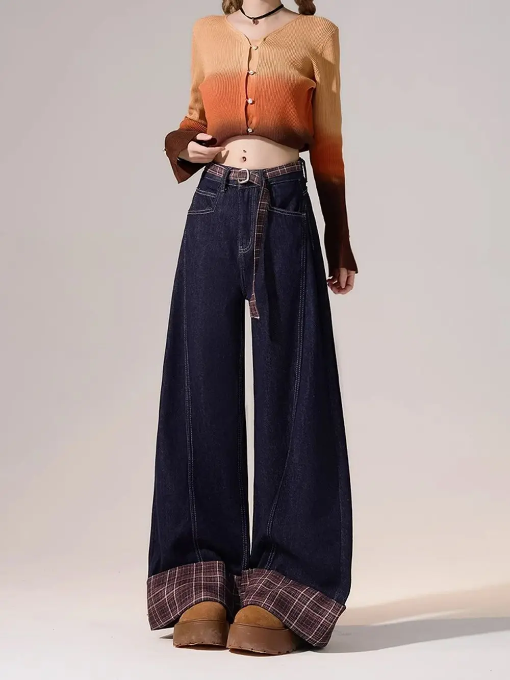 

High-waisted Plaid Splicing Jeans Women's Spring New American Street Straight Loose Floor Pants