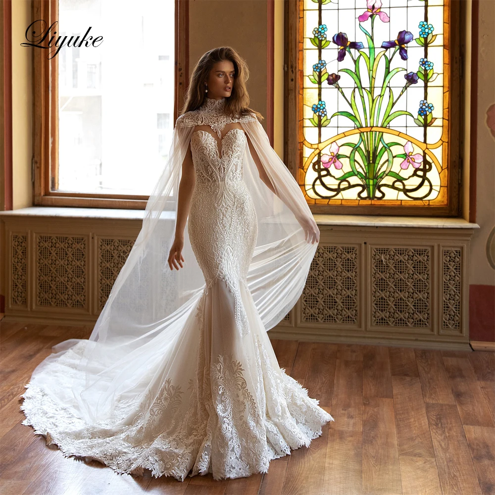 Liyuke-Vestido De novia De sirena con escote Corazón, exquisito Vestido De encaje De novia, Capel extraíble, vestidos De novia De trompeta