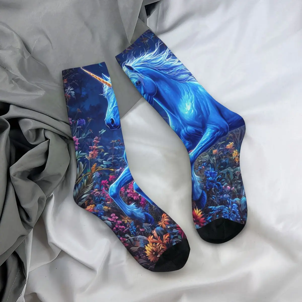 Medias de tripulación para todas las estaciones, calcetín con estampado de melena de unicornio y flor azul, calcetines largos de moda, accesorios para hombres y mujeres, regalo de cumpleaños