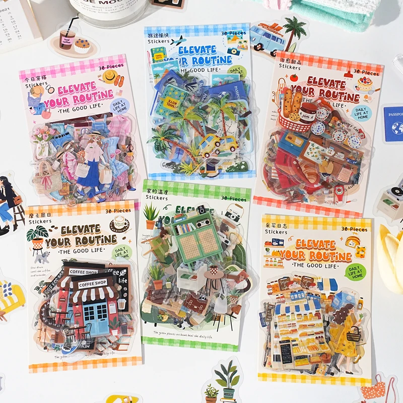 30 قطعة/الحزمة ‌ مادة ملصقات زخرفية من سلسلة الحياة اليومية مثالية لمستلزمات سجل القصاصات بنفسك