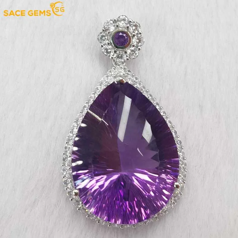 

SACE GEMS New Trend 925 Sterling Silver Raw Natual Amethyst Pendant Necklace for Women Engagement Cocktail Party Fine Jewelr