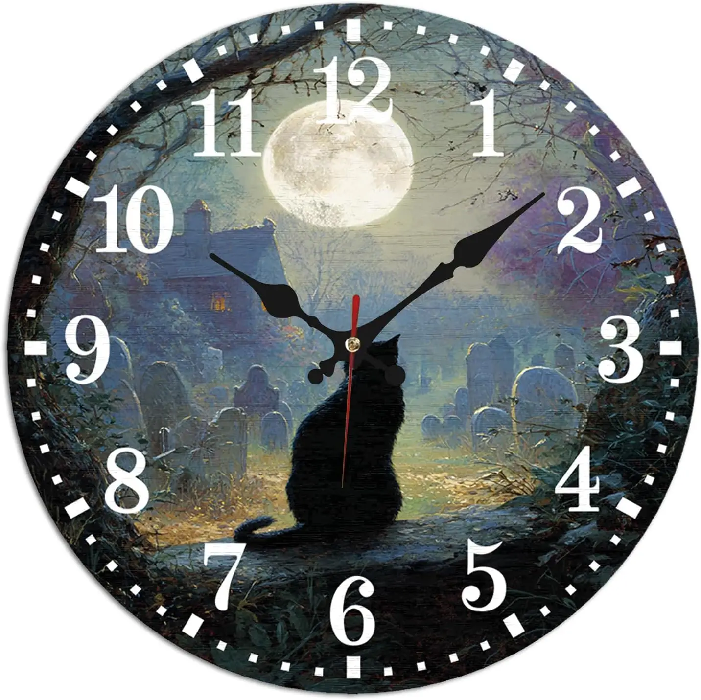 Black Cat Full Moon Wall Clock - 10 Inch Silent Non-Ticking Timepiece- Mystical Gothic Decorative Clocks for Living Room