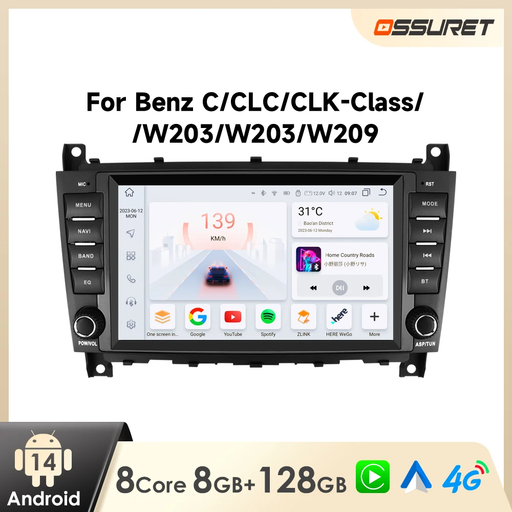 Image of OSSURET 8 Zoll Android Auto Multimedia für Mercedes Benz W203 C 2004–2007 CLC 2008–2010 Autoradio Radio Player Carplay 7862 GPS