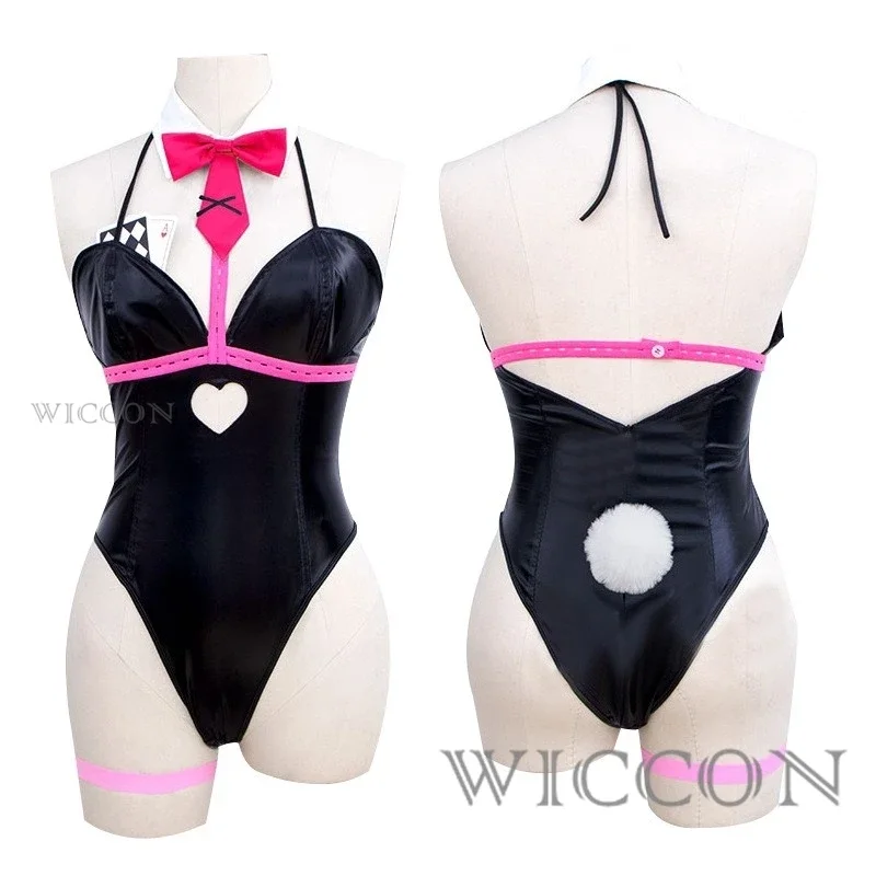 Disfraz de conejito de charol negro para niña, conjunto de ropa sexy y Linda para Halloween, peluca con tocados, accesorios