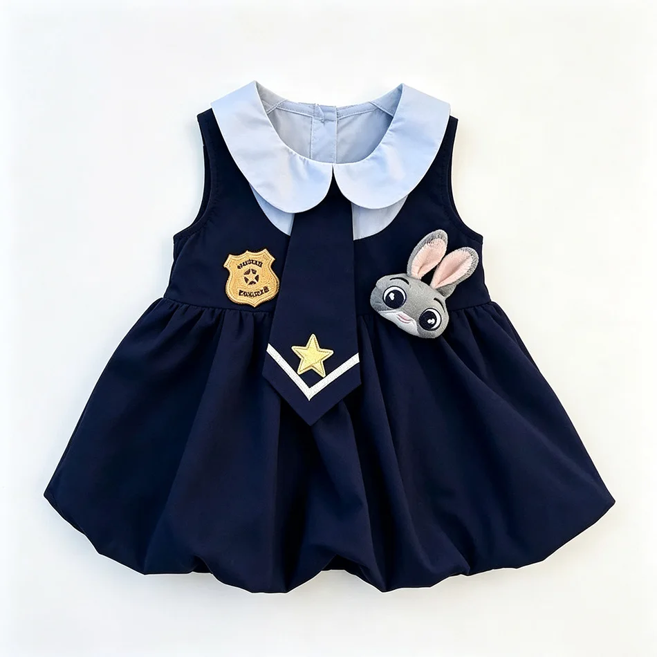 Baby Girl Navy Dress Cute Rabbit Badge Tie Decor Academy Style Puffy Dress Children Cosplay Costume for Holiday Photoshoot