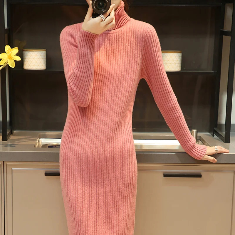 2022 New 100% Pure Wool Sweater Dress For Women Knee-length Solid Turtleneck Pullover High Elastic Straight Cozy Slim Dresses