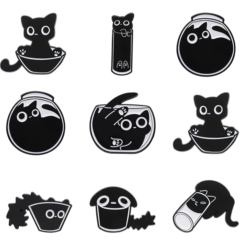 Cute Black Cat Enamel Pin Animals Funny Kitten Metal Badge Backpack Cartoon Custom Women Kids Lapel Jewelry Gift Wholesale