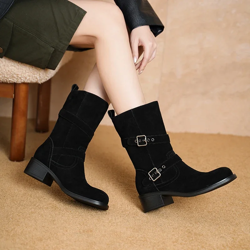 2027 New Fashion Knight Boots Women Cow Suede Leather Double Buckle Strap Mid-calf Boots Retro Ladies Shoes Handmade Shoes