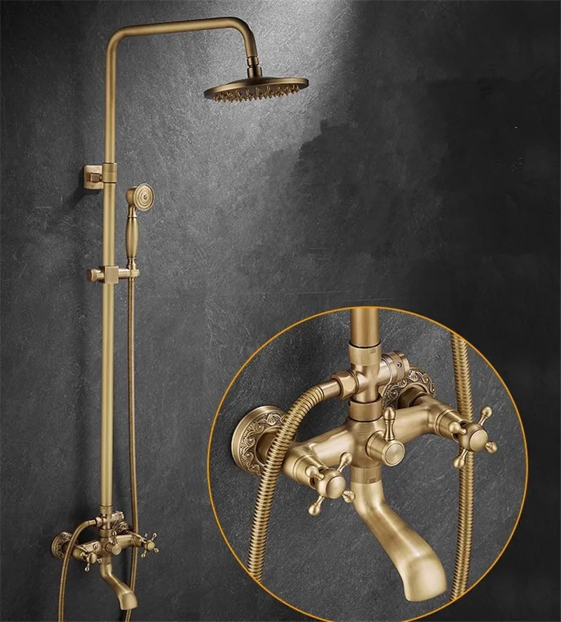 Tuqiu Antique Bathroom Shower Faucet Set Brass Bathroom Rainfall Shower Mixer Tap Brass Bath and Shower Faucet Set