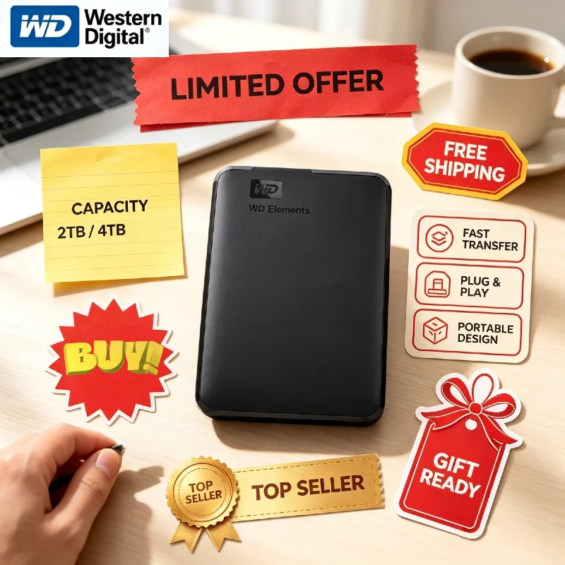 For Western Digital WD Elements 2TB 1TB External Hard Drive 2.5 Inch USB 3.0 Portable HDD for Desktop PC Laptop Pro Max