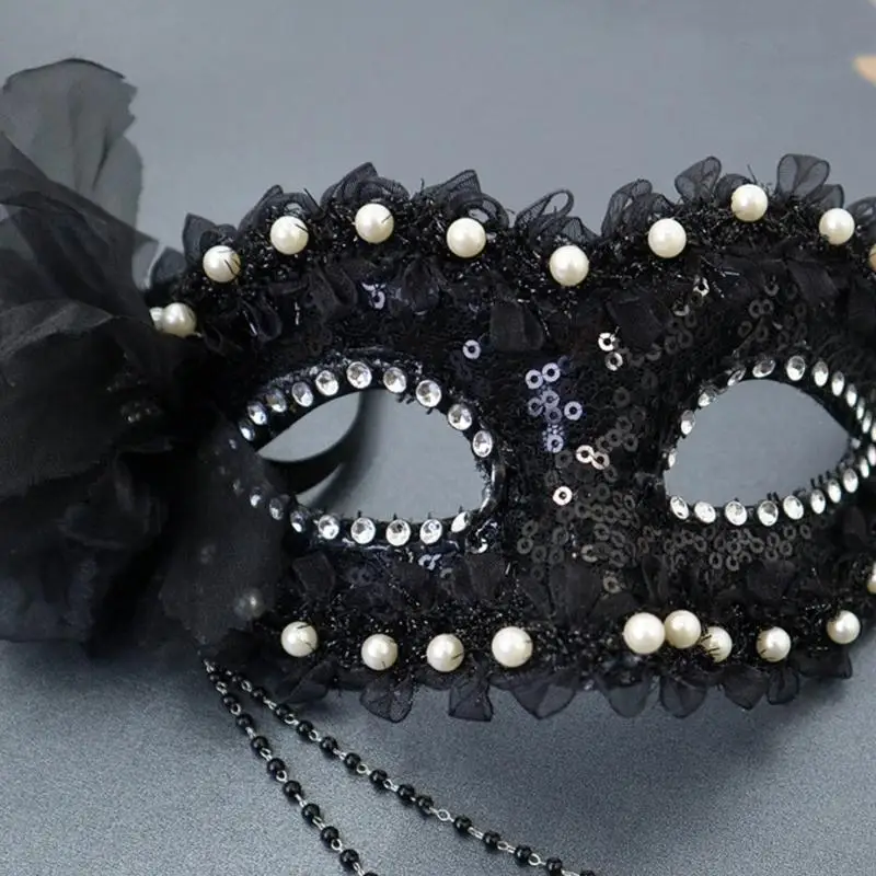 قناع نصف وجه قابل للتعديل مع ديكورات من اللؤلؤ الصناعي، ملحق زي الهالوين البلاستيكي للبالغين والأطفال 6XDA