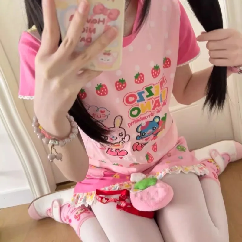 Querida menina japonês bonito infantil retro doce manga curta camiseta feminina curto macio menina dos desenhos animados topo