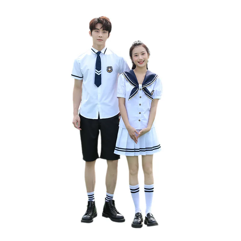 

C095 Summer Junior High School Student Shirt Short Sleeve Graduating Class Uniform Couple Suit Sailor Skirt