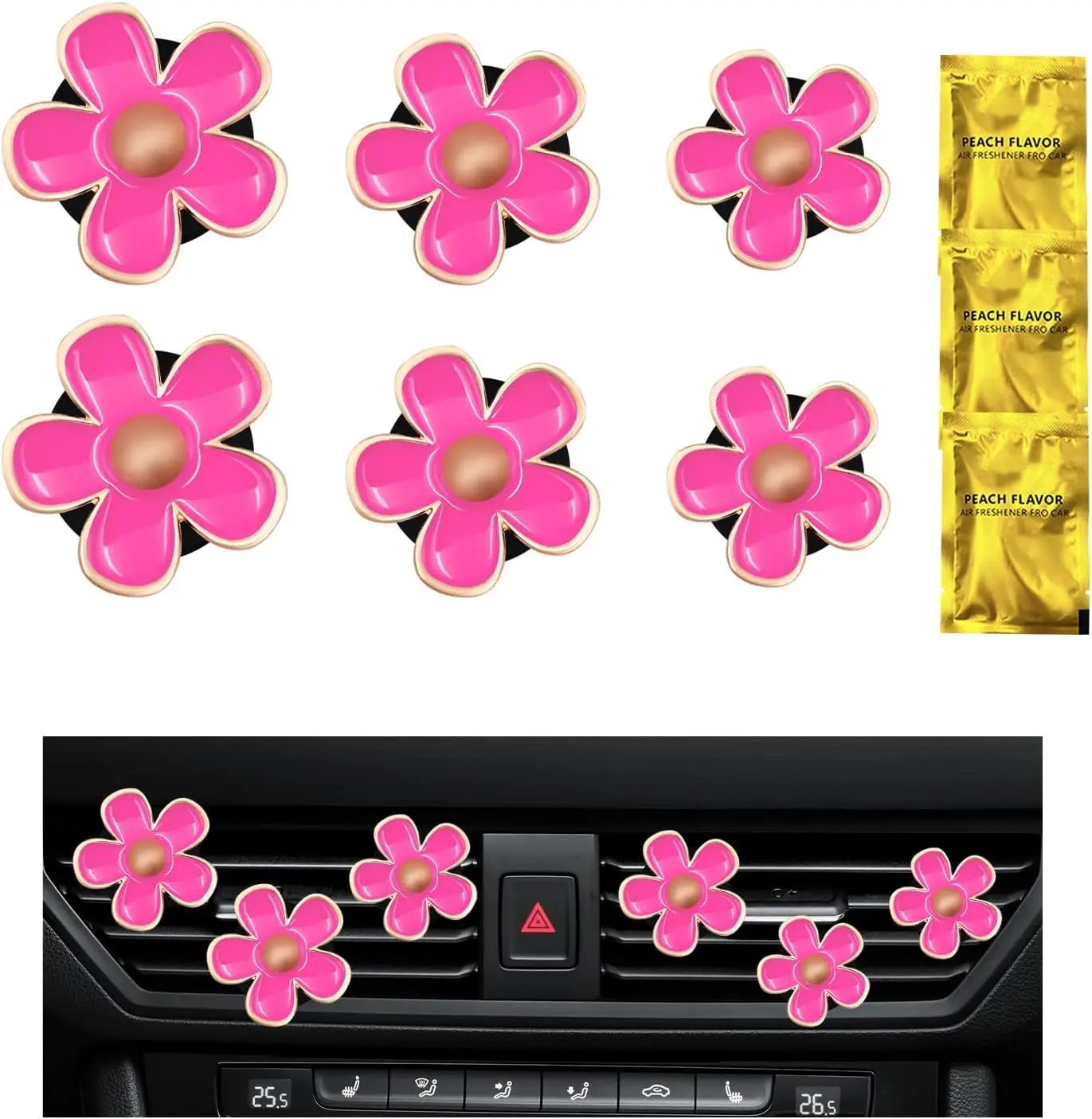 6PCS Daisy Flower Car Air Vent Clips, Cute Flower Shape Auto Air Freshener Outlet Clip, Vehicle Air Conditioning Clip Charm for Women Girls, Interior Decor Car Accessories (Pink)
