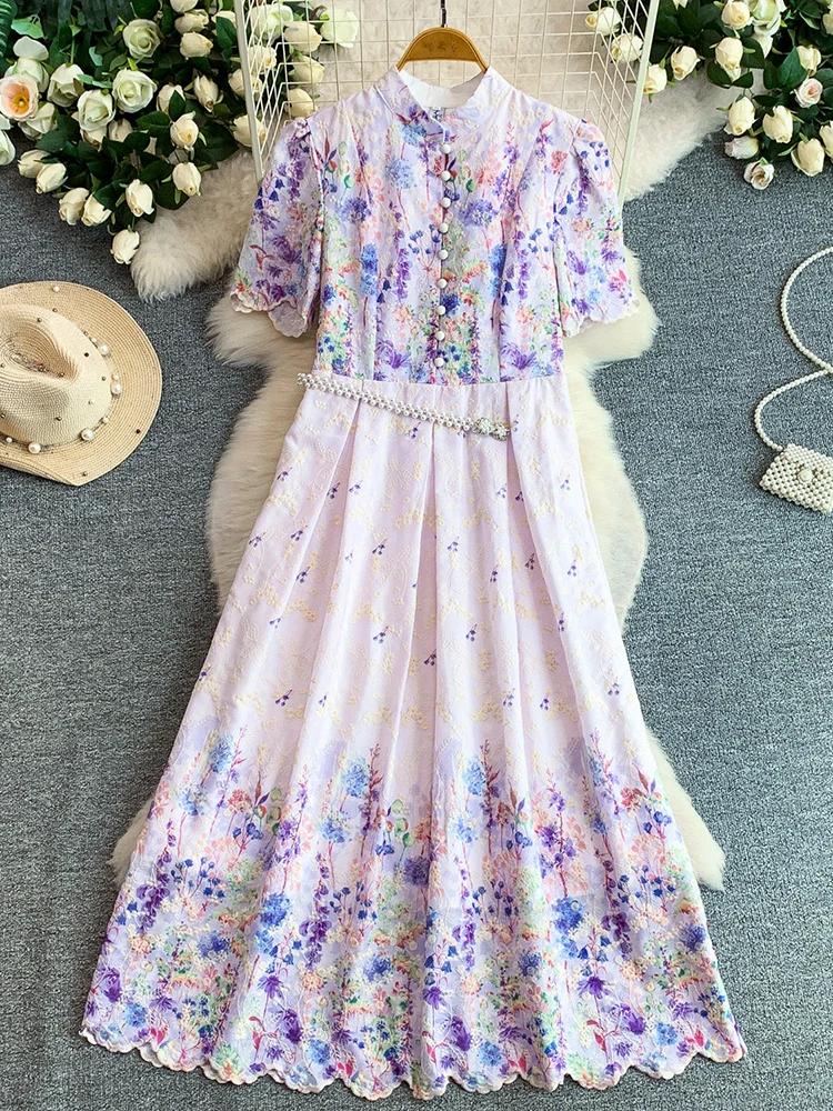 Summer Romantic Style Retro Embroidered Printed Stand Up Collar Dress for Women New Fashionable Long Dress S611