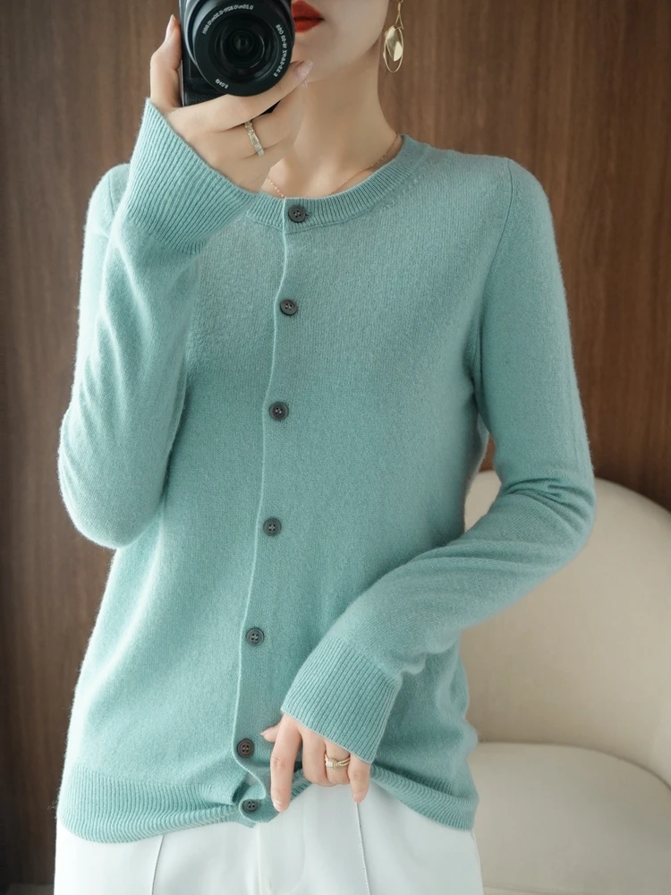 New Women O-neck Cardigan Spring Autumn Long Sleeve Cashmere Sweater 100% Merino Wool Knitwear Soft Comfort Clothing Tops