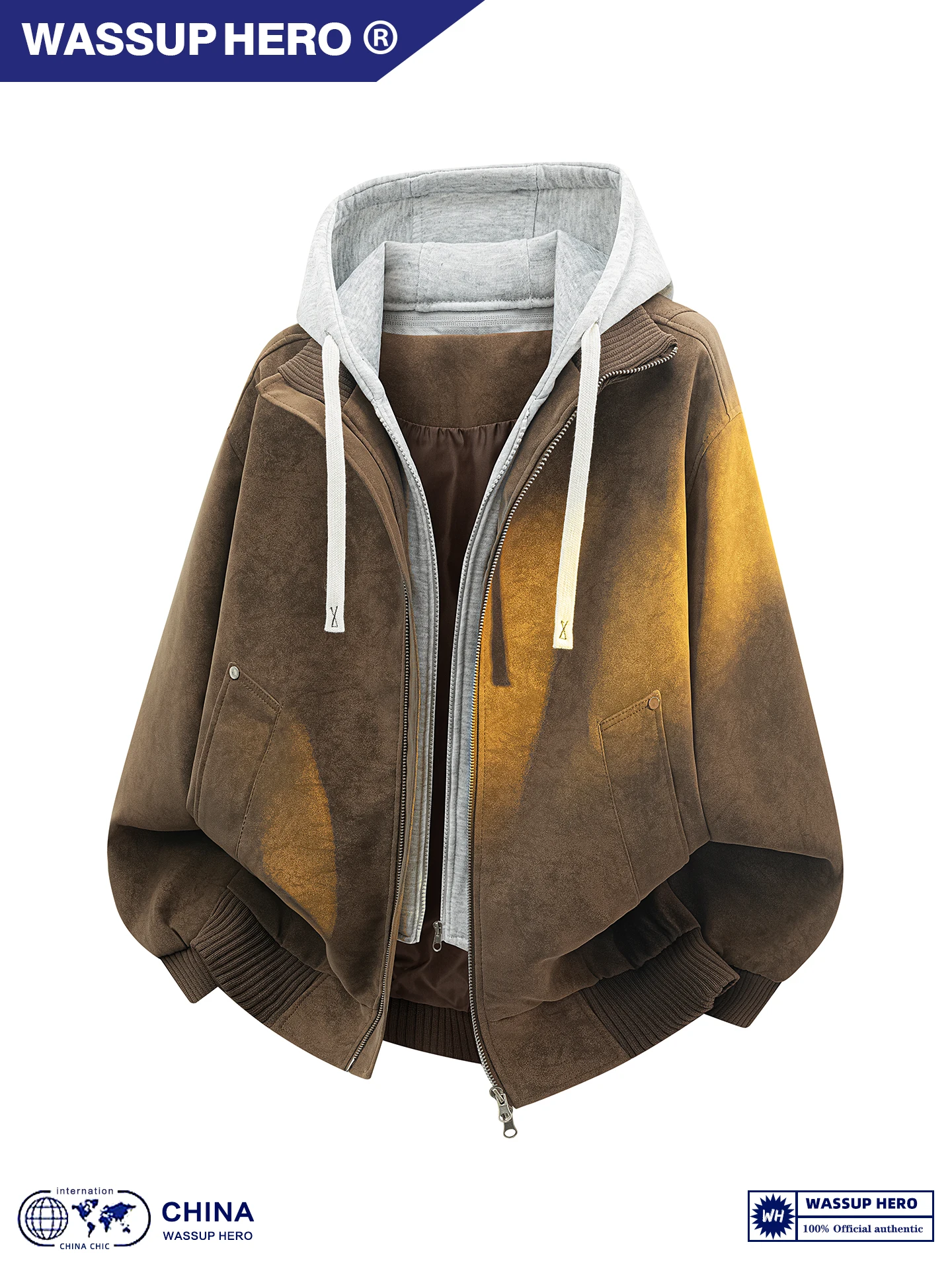 

Мужская повседневная куртка Wassup Retro Sle с капюшоном из искусственной кожи, имитация двухслойности, весна-осень, верхняя одежда из полиуретана и полиэфирного волокна