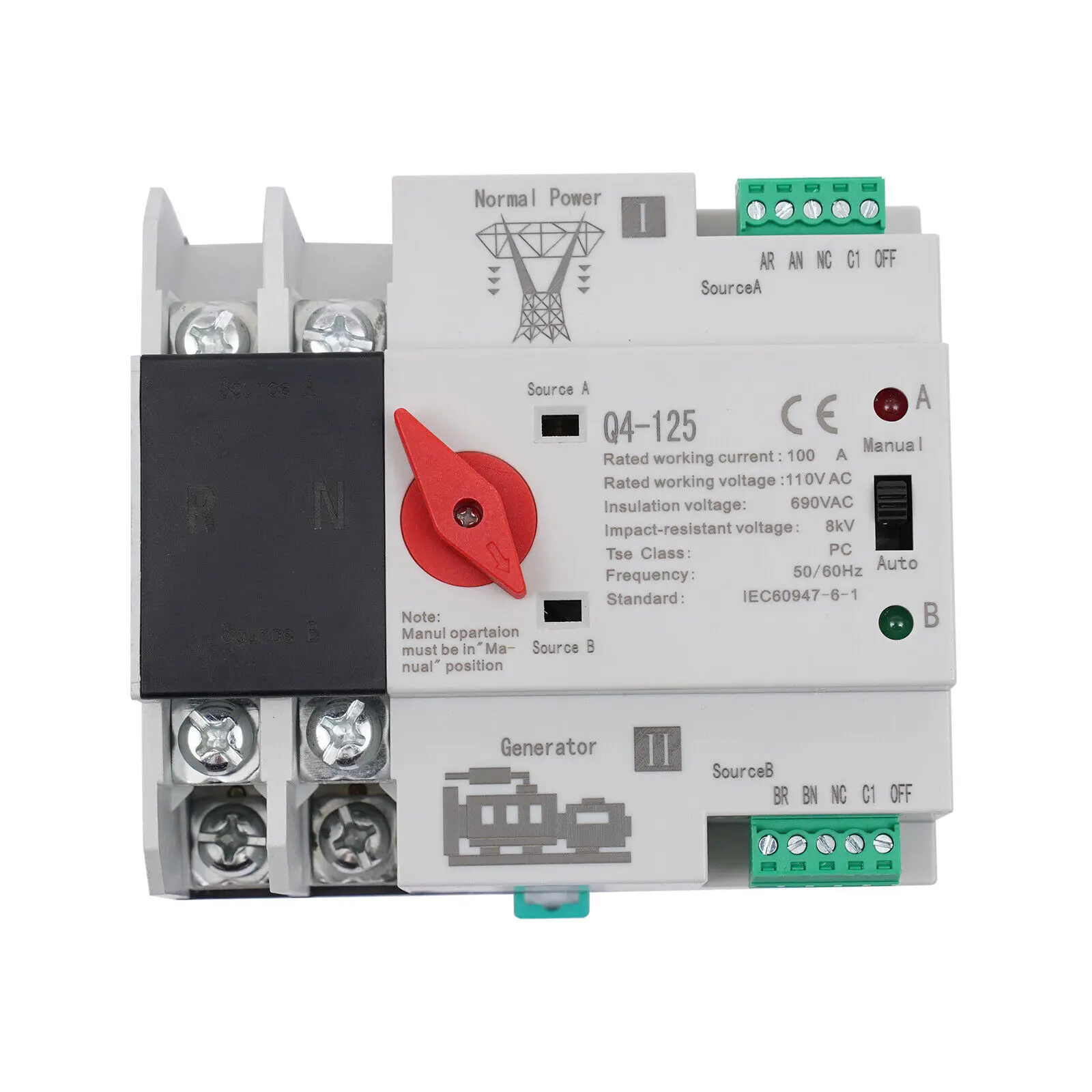 2P 100A Dual Power Automatic Transfer Switch for Generator ATS Changeover Switch AC 110V 60Hz PC Level