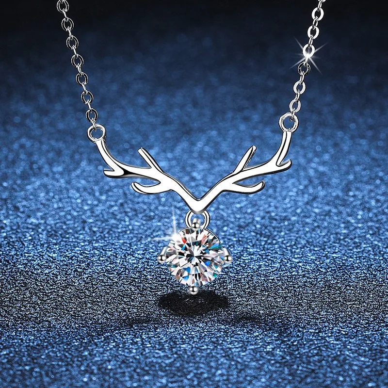 

S925 Sterling Silver Deer Pendant Necklace 1ct Moissanite Valentine Gift for Her Romantic Jewelry with You Theme