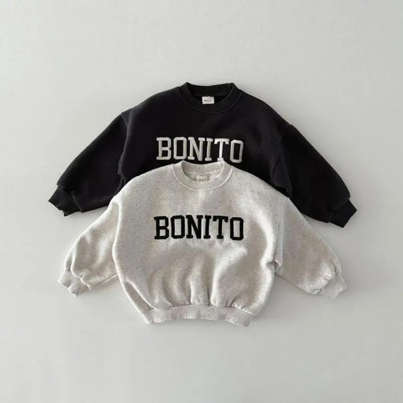 Letter Embroidery Boys Girls Warm Pullover Plus Velvet Thick Kids Casual Sweatshirt 2025 Winter New Baby Fleece Sweatshirt