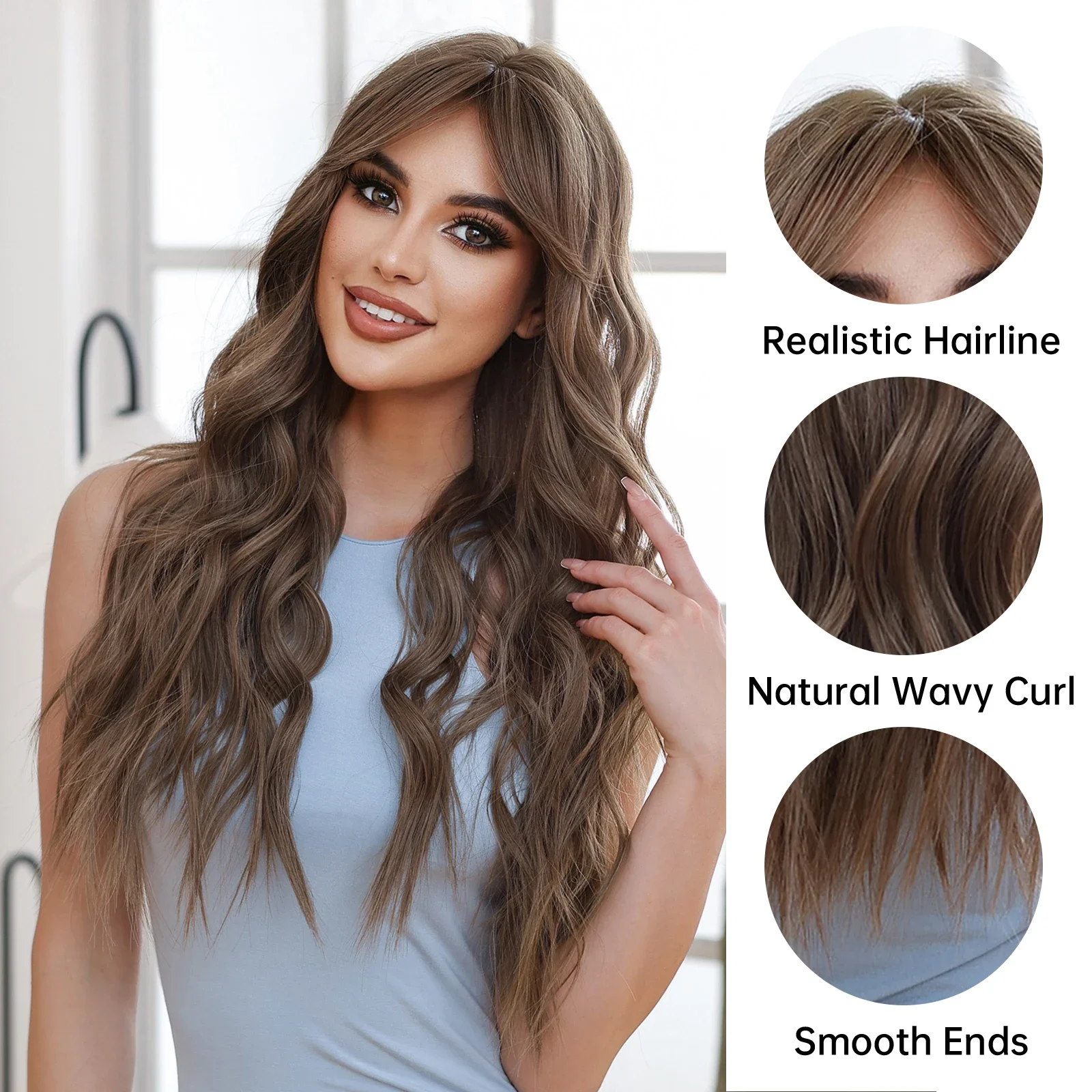 

EASIHAIR Chocolate Brown Long Wavy Synthetic Wigs with Long Bang Natural Cosplay Daily Party Hair Wigs for Women Heat Resistant