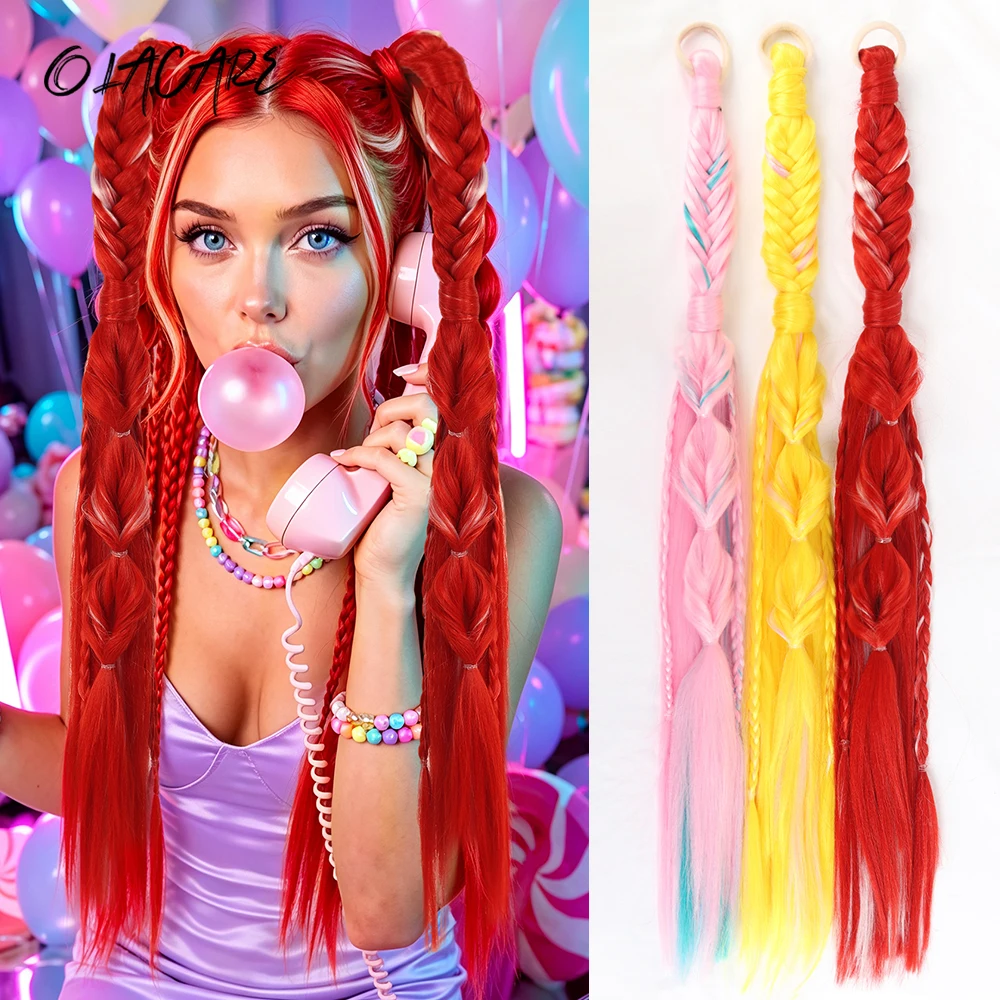 Y2K Cosplay Halloween Elastic Band Wig Pink Yellow Red Ponytail Hair Extensions Synthetic Elves Lantern Bubble Braided Ponytail
