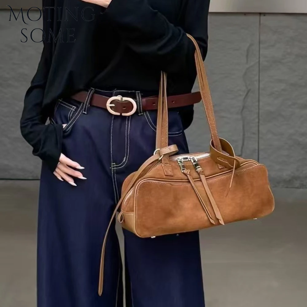 

Motingsome Suede Leather Natural Skin Women Bag Luxury Designer Bags Matte Cowhide Bowling Tote Underarm Bag Shoulder Purse 2025